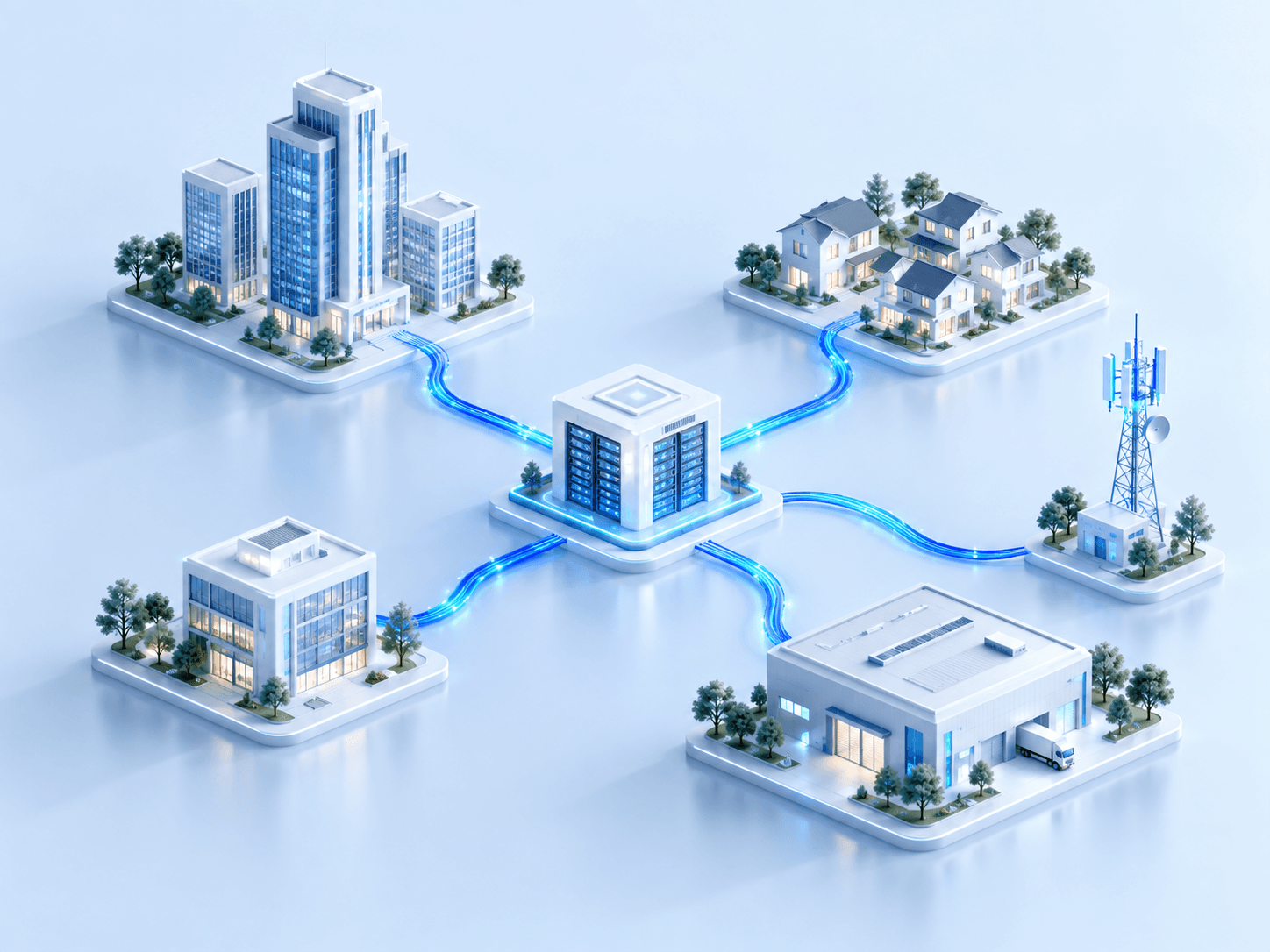 Fiber-connected buildings and a central broadband network hub